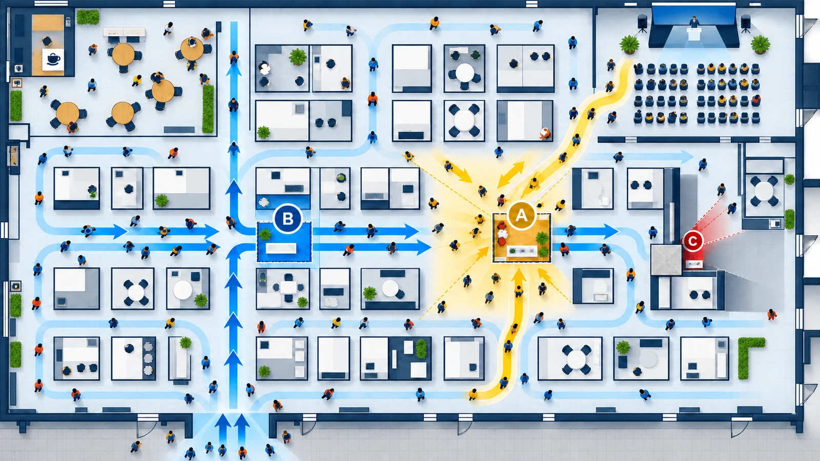 Trade show floor plan diagram comparing attendee routes and candidate booth locations