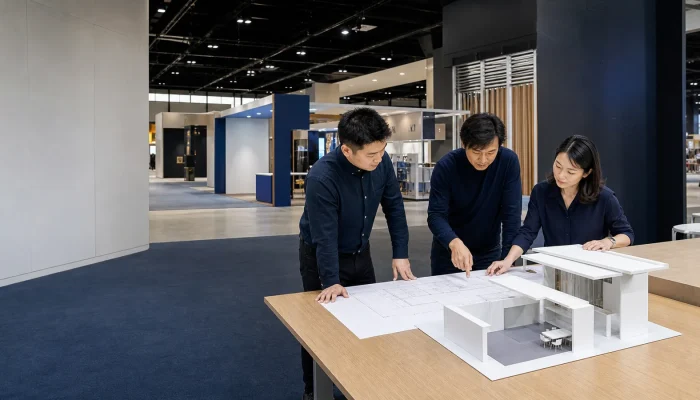Exhibit team reviewing a trade show booth plan before design approval