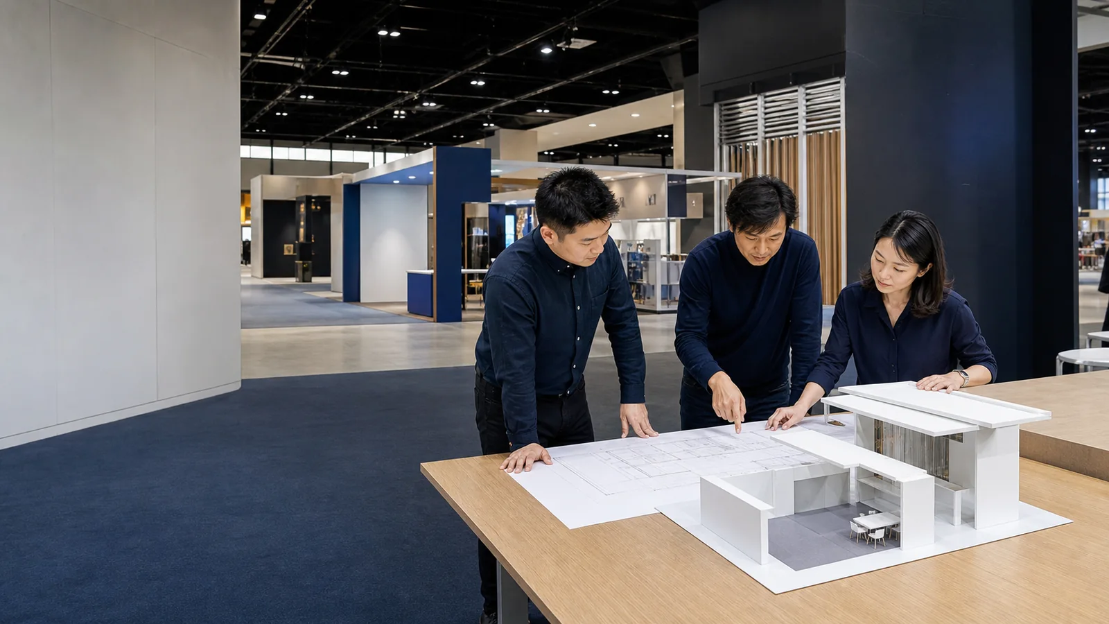 Exhibit team reviewing a trade show booth plan before design approval