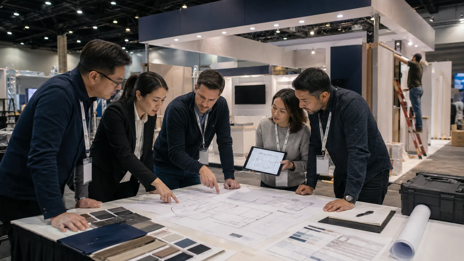 B2B exhibit team reviewing a trade show floor plan booth layout and budget