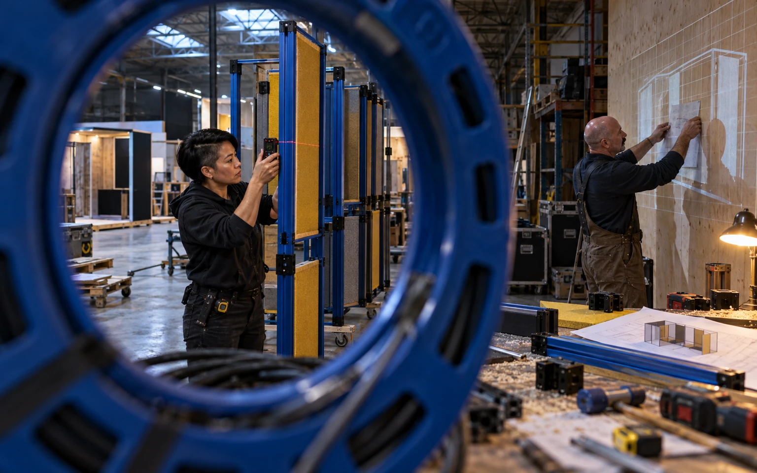 Minneapolis project engineer and production lead checking modular booth parts against plans