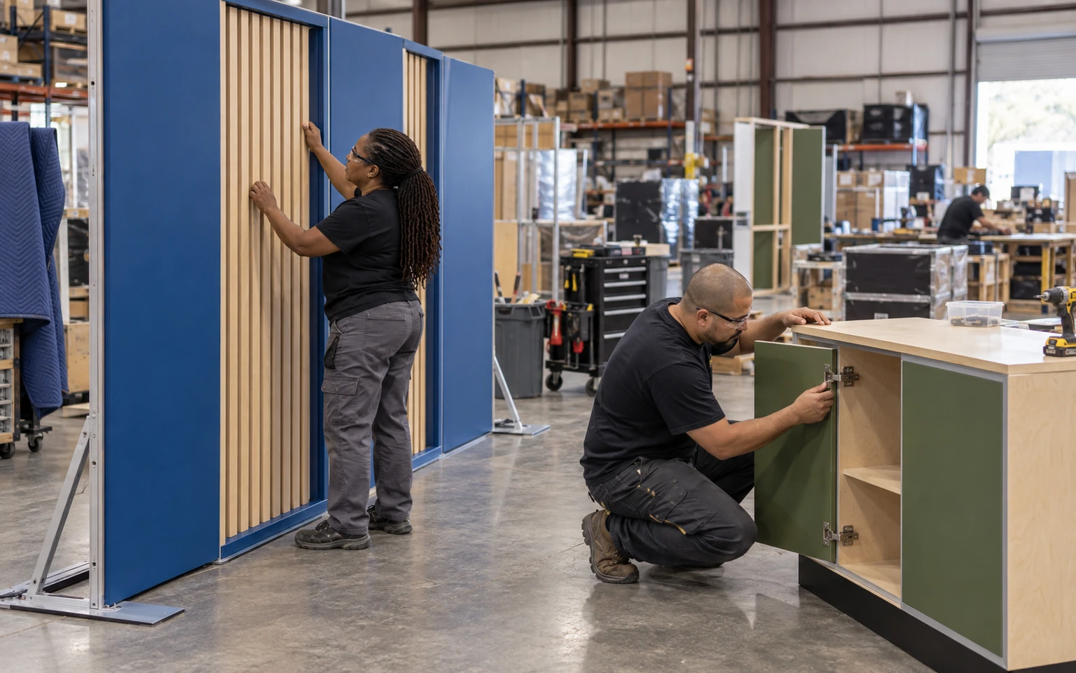 Technicians preassembling a reusable Minneapolis booth wall and storage counter