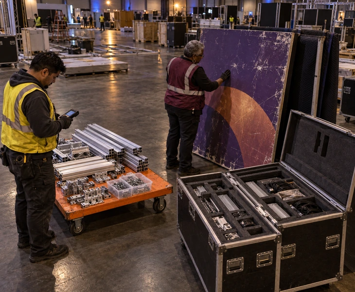 Minneapolis booth dismantling inventory with hardware, a worn graphic panel and storage cases