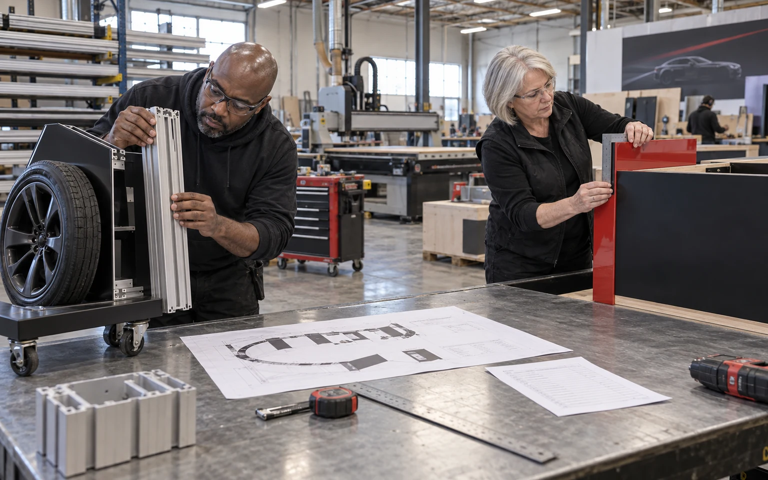 Detroit exhibit engineer and production lead checking booth parts against approved plans