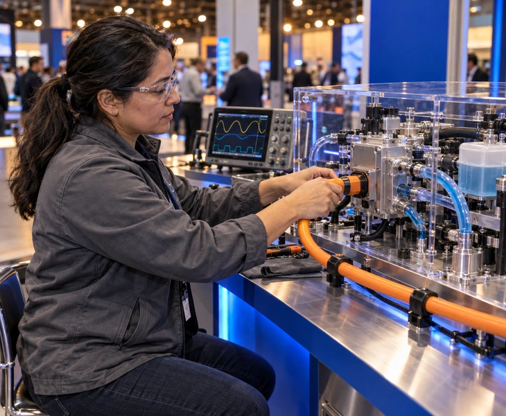 Automotive engineer testing a wired product demonstration for a Detroit trade show booth