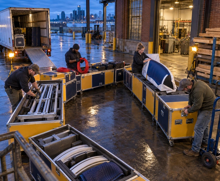 Detroit exhibit cases packed in sequence for product, lighting and freight crews