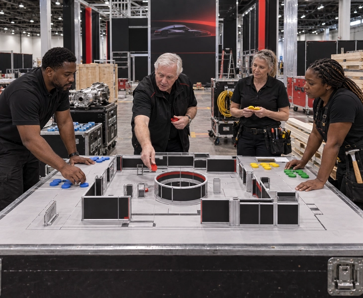 Detroit booth team assigning labor zones around a physical installation model