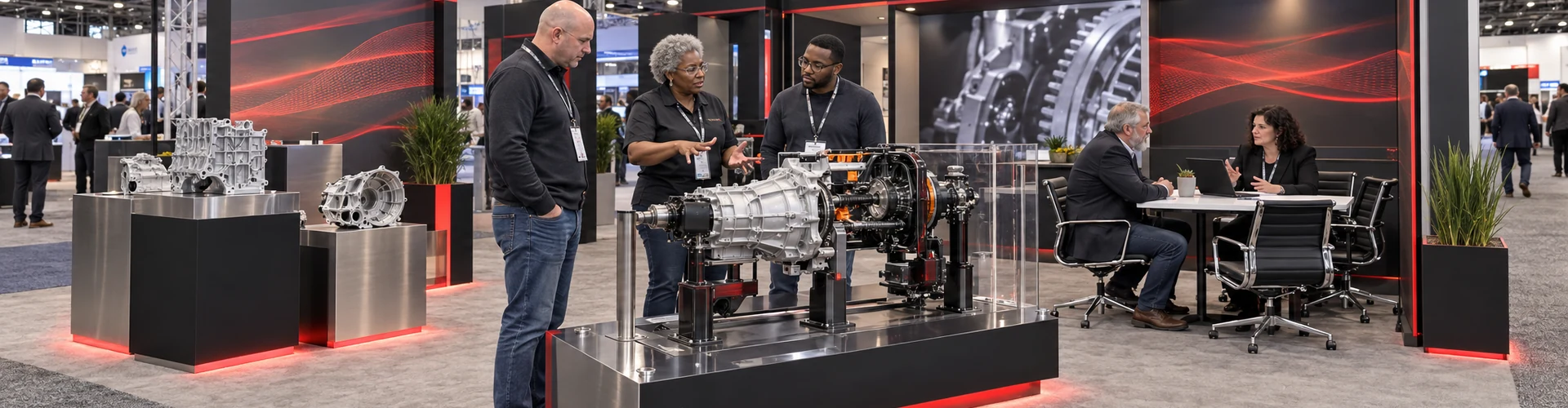 Visitor-ready Detroit automotive trade show booth with demonstration and meeting areas
