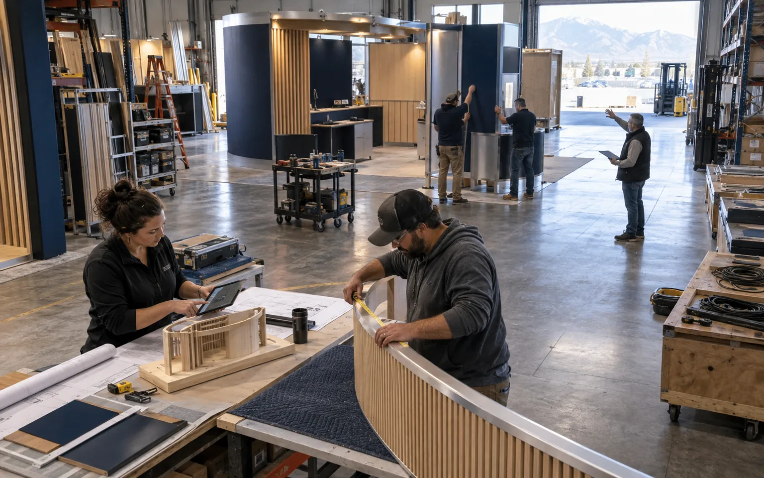 Salt Lake City booth team connecting design, fabrication and field checks in a test-fit workshop