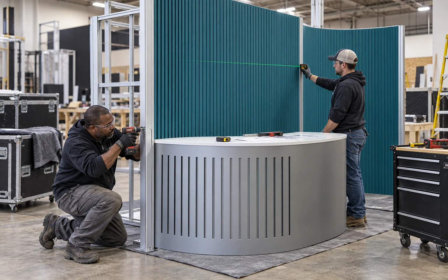 Salt Lake City exhibit technicians preassembling a custom wall and counter system