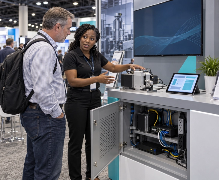 Salt Lake City booth product demonstration with organized network and power connections