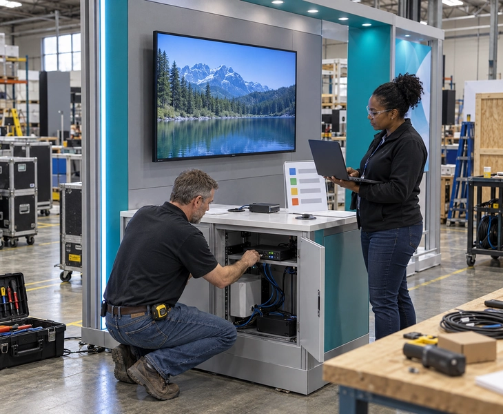 Salt Lake City modular booth pre-build with screen and network service testing