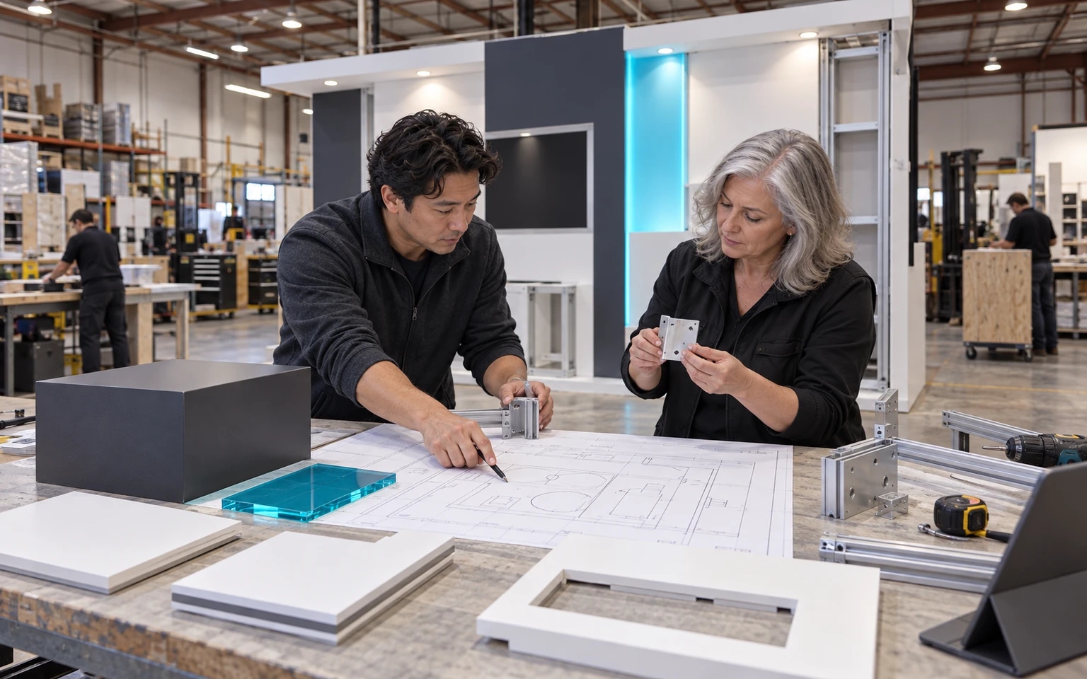 Santa Clara exhibit engineer and production lead matching technical booth parts to approved plans