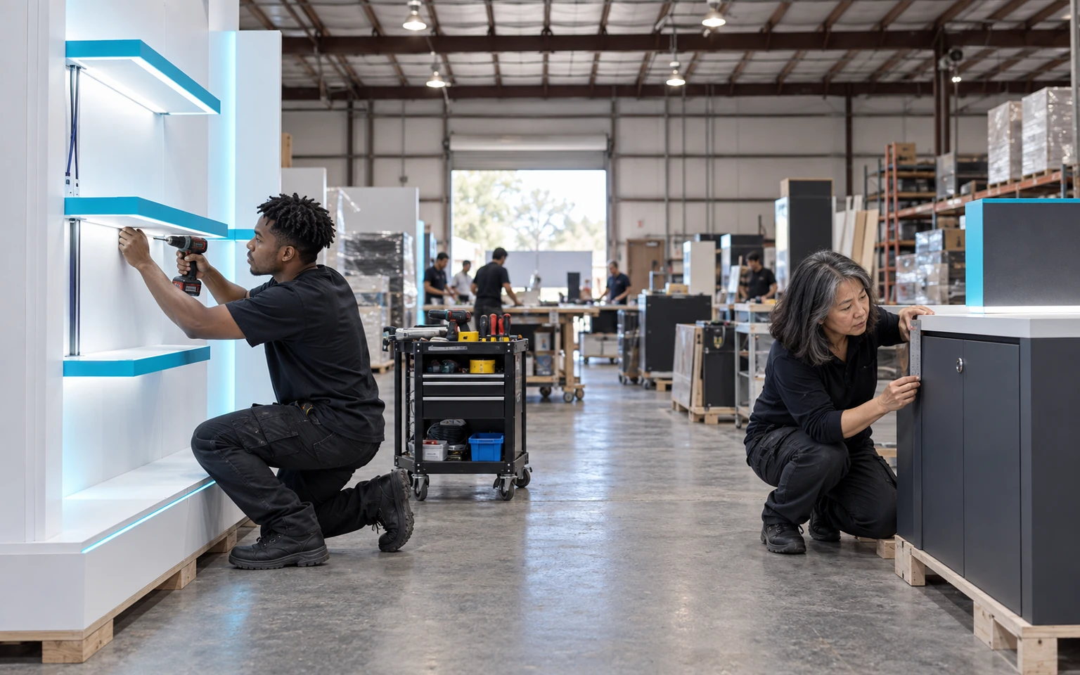 Technicians preassembling an illuminated Santa Clara booth wall and graphite service counter