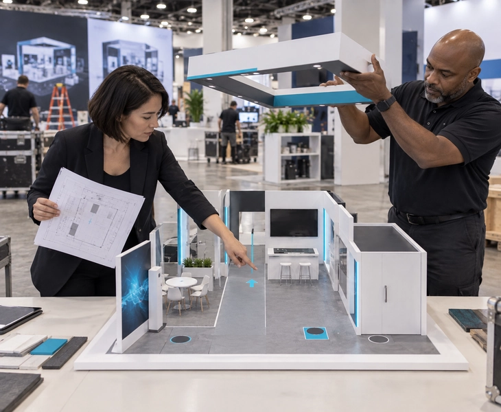 Santa Clara exhibit team reviewing a detachable overhead feature, exit path and service points in a booth model