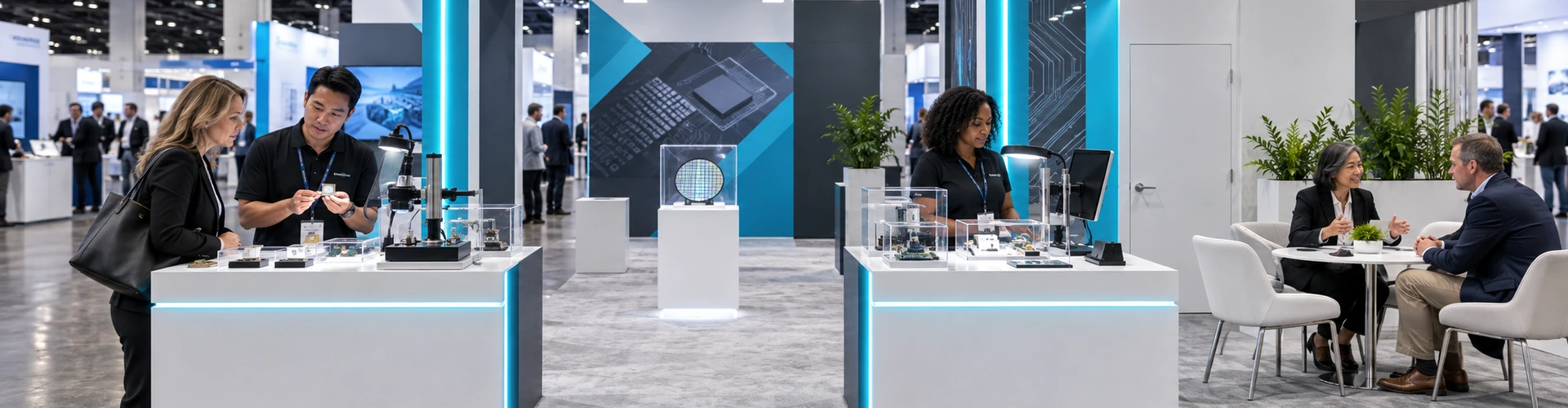 Visitor-ready Santa Clara technology booth with product demos, storage and a meeting area