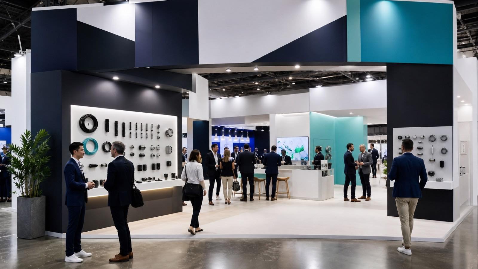 Trade show booth with branded walls and clear visitor sightlines