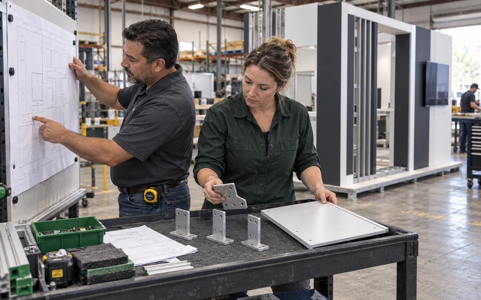 Columbus project engineer and production lead checking booth panels and mounting parts