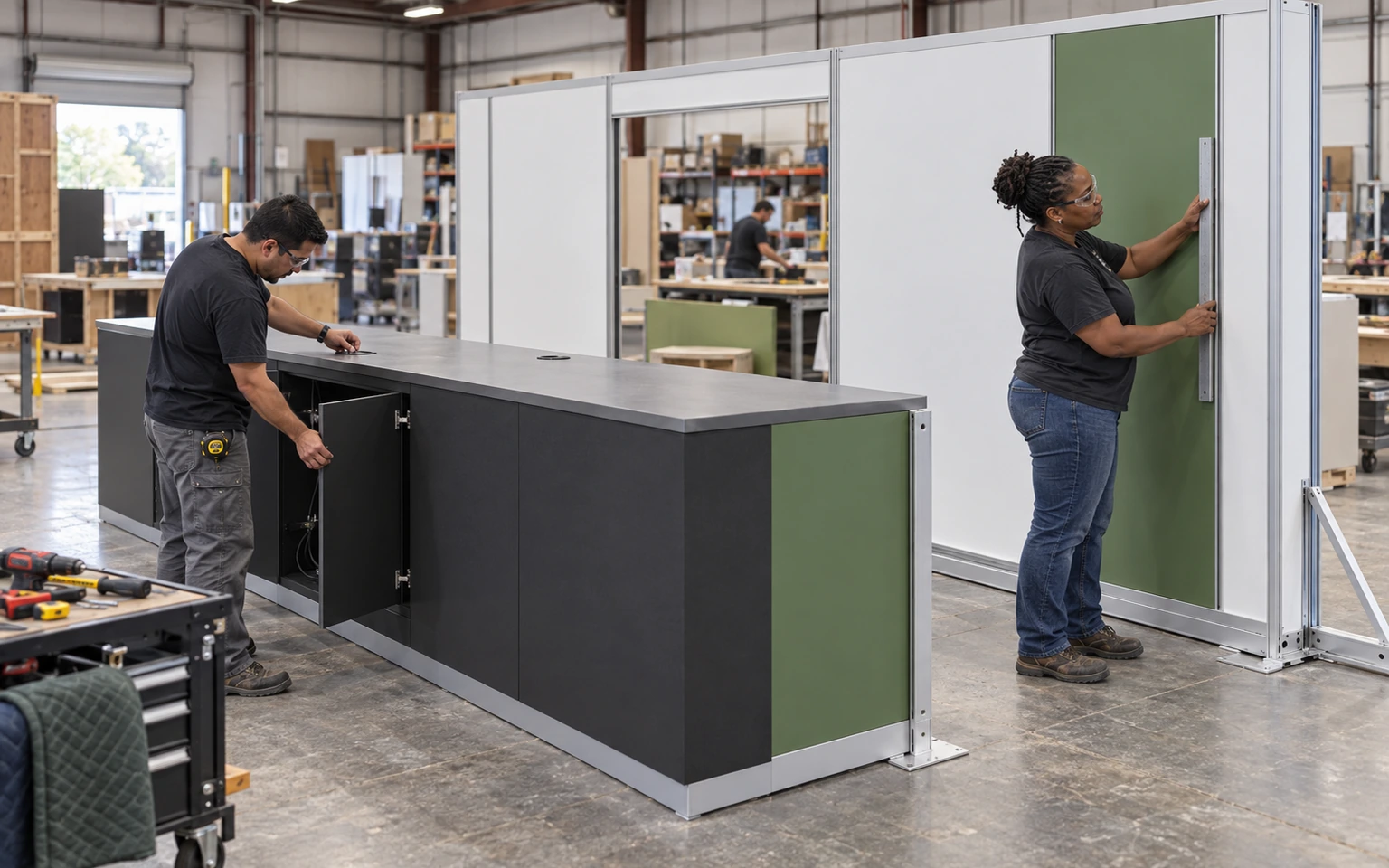 Technicians preassembling a Columbus booth wall and service counter in the exhibit shop