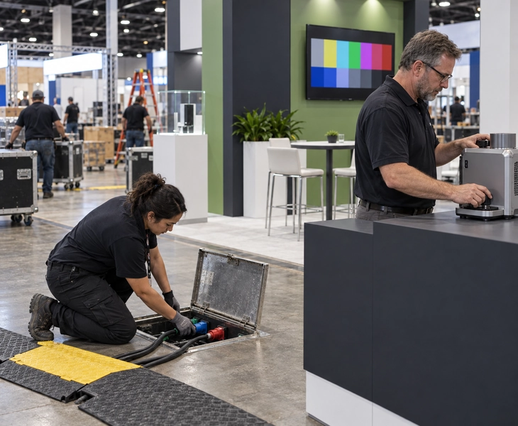 Columbus booth technician testing floor utilities before product and media checks