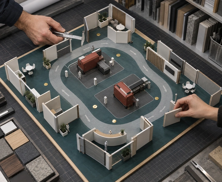 Columbus booth model arranged around equipment, service points and visitor clearance