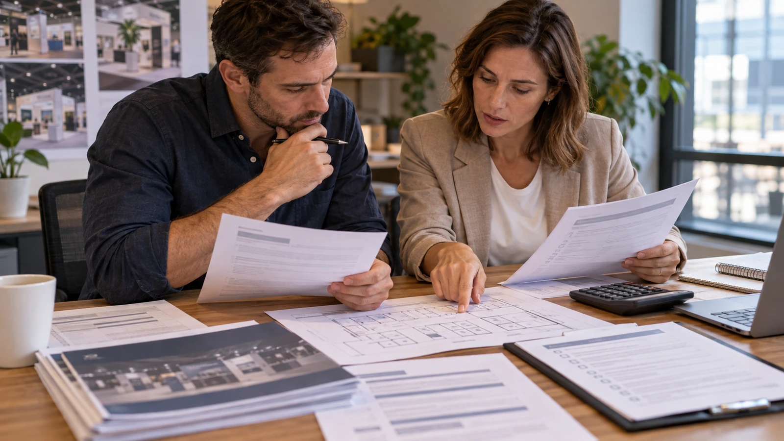 Exhibition planners checking a booth contract, service manual, floor plan, and service costs