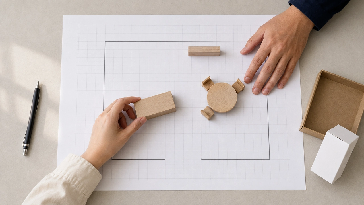 Two planners adjust miniature demo-station and discussion-table markers on a booth layout.