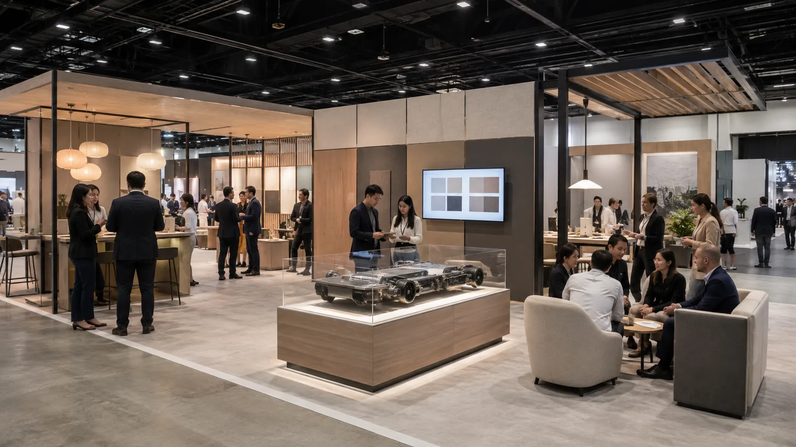 Contemporary trade show booth combining modular design, product focus, and accessibility