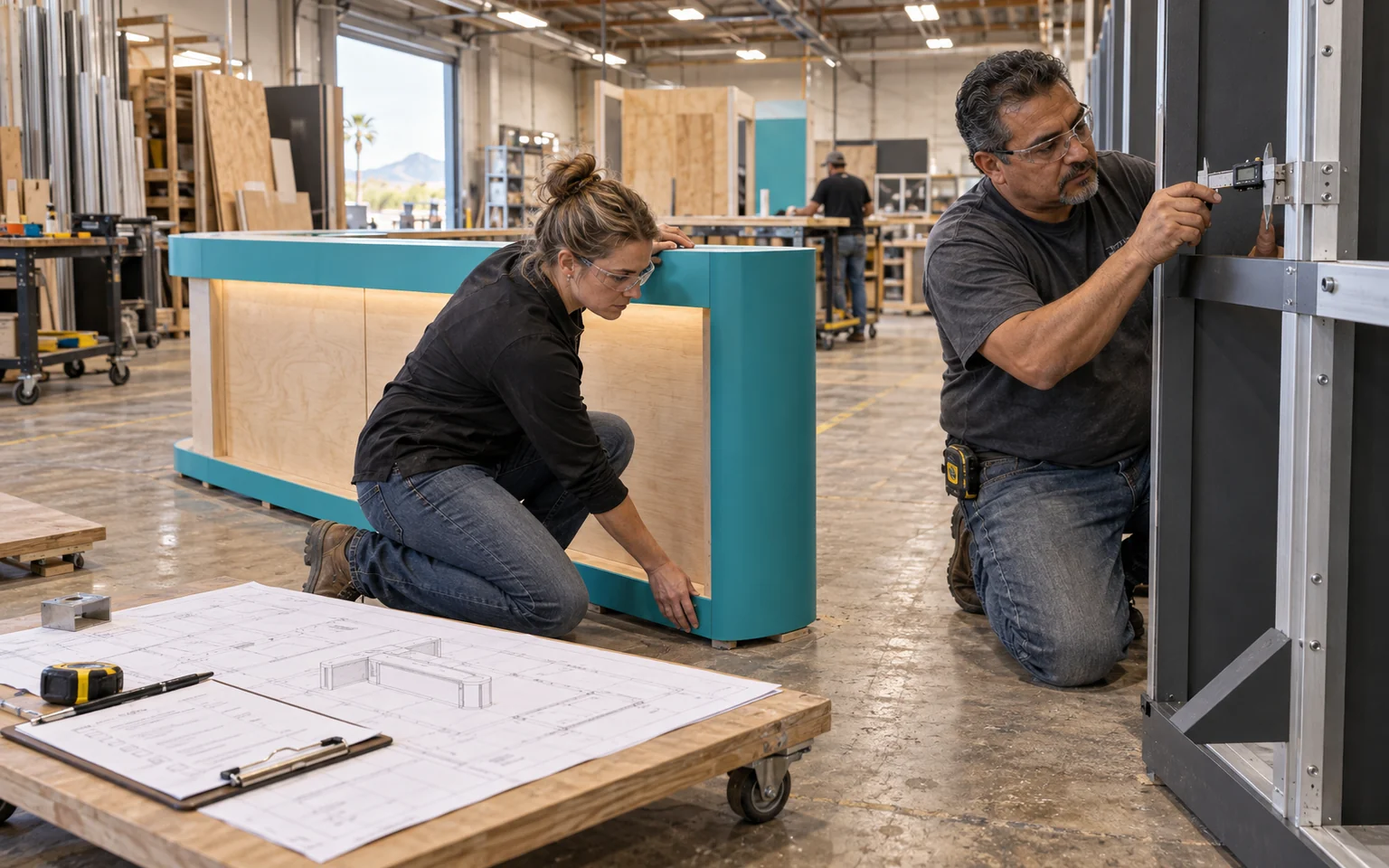 Engineer and production lead checking a Phoenix booth counter and wall frame