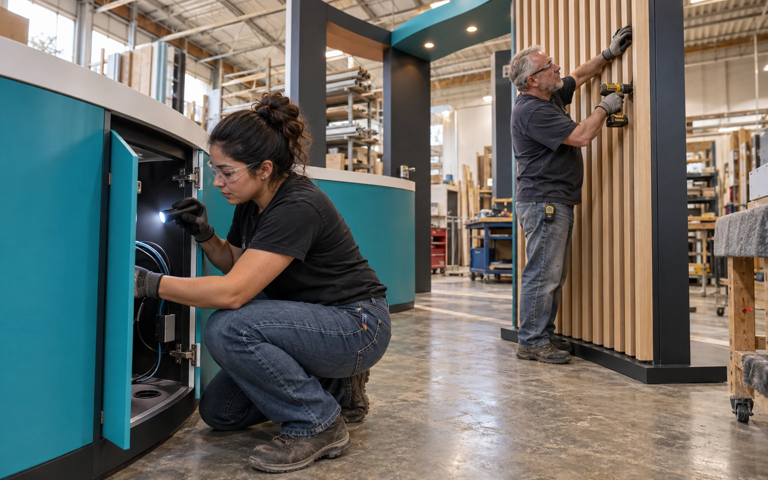 Technicians preassembling a sand and turquoise Phoenix booth wall and curved counter