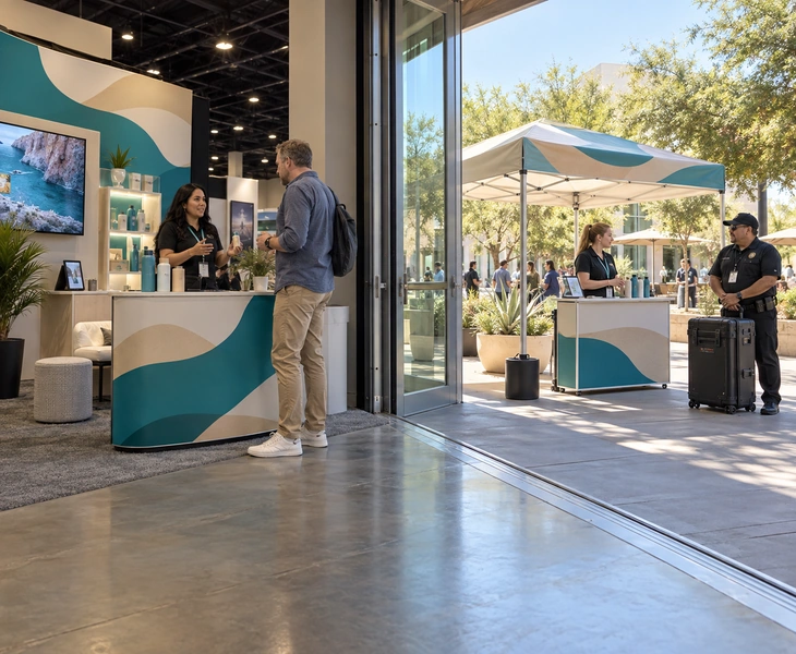 Coordinated indoor booth and separate outdoor activation for a Phoenix event