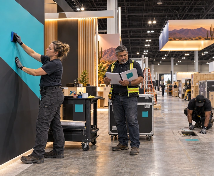 Crew installing turquoise graphics on a Phoenix trade show booth during move-in