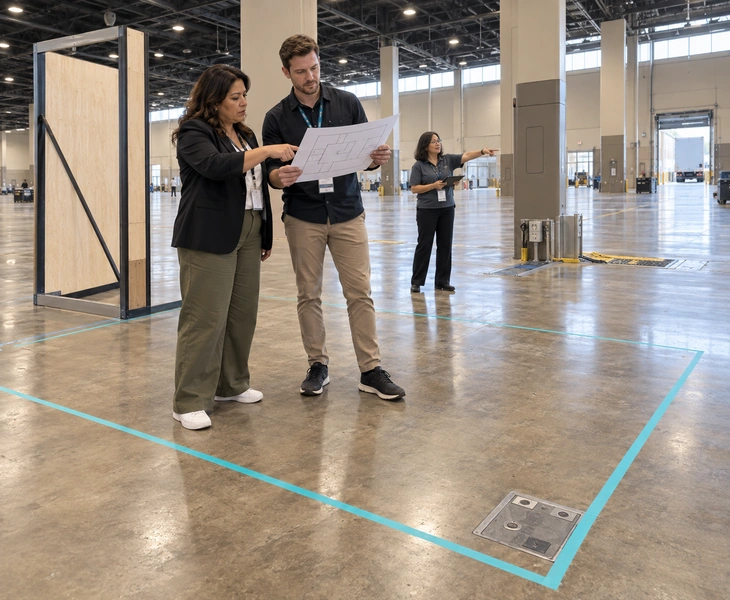 Procurement team checking a Phoenix booth footprint and hall service points before release