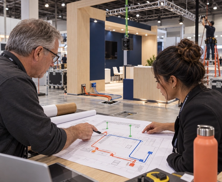 Tampa booth service drawing coordinating floor power, network and overhead rigging