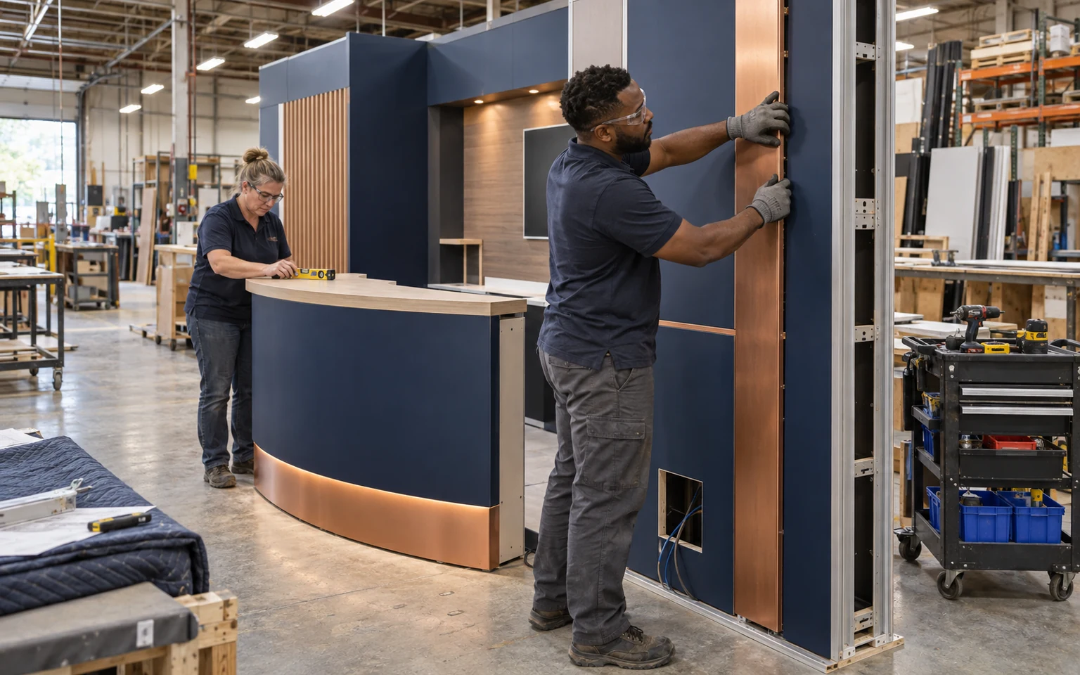 Technicians preassembling a navy and copper Philadelphia booth wall and counter