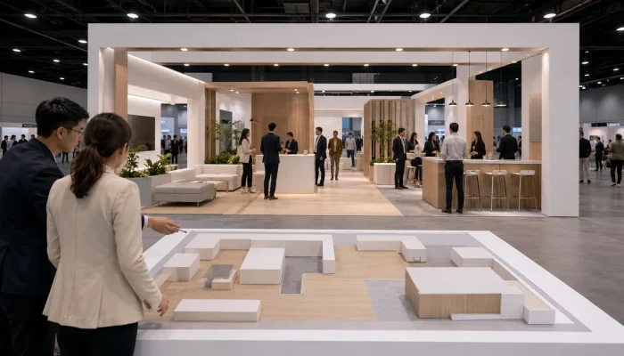 Trade show floor plan translated into a functional built booth layout