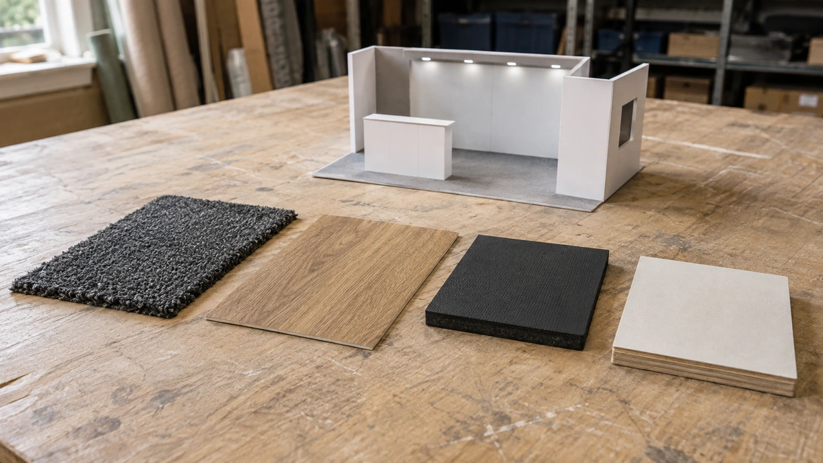 Illustrative flooring samples of carpet, wood-look vinyl, rubber and rigid panel beside a small booth model.