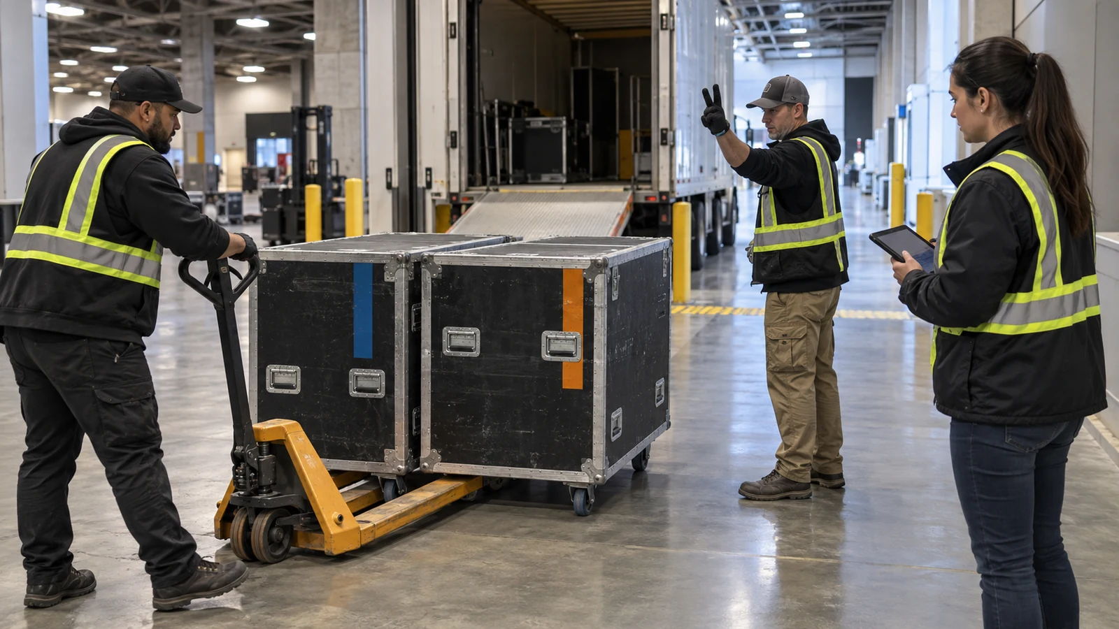 Exhibit team checking shipping cases, material handling, and move-in readiness at a convention loading area