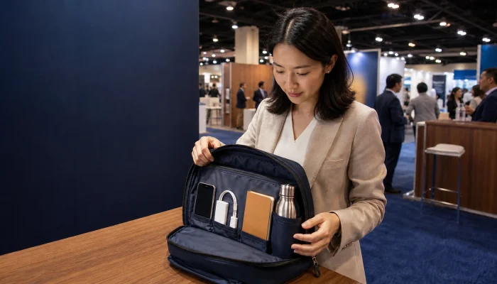 Event manager checking a compact trade show go-bag at a finished exhibition booth
