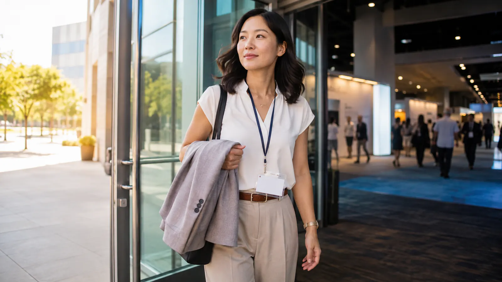 Trade show attendee using a removable layer for changing venue temperatures