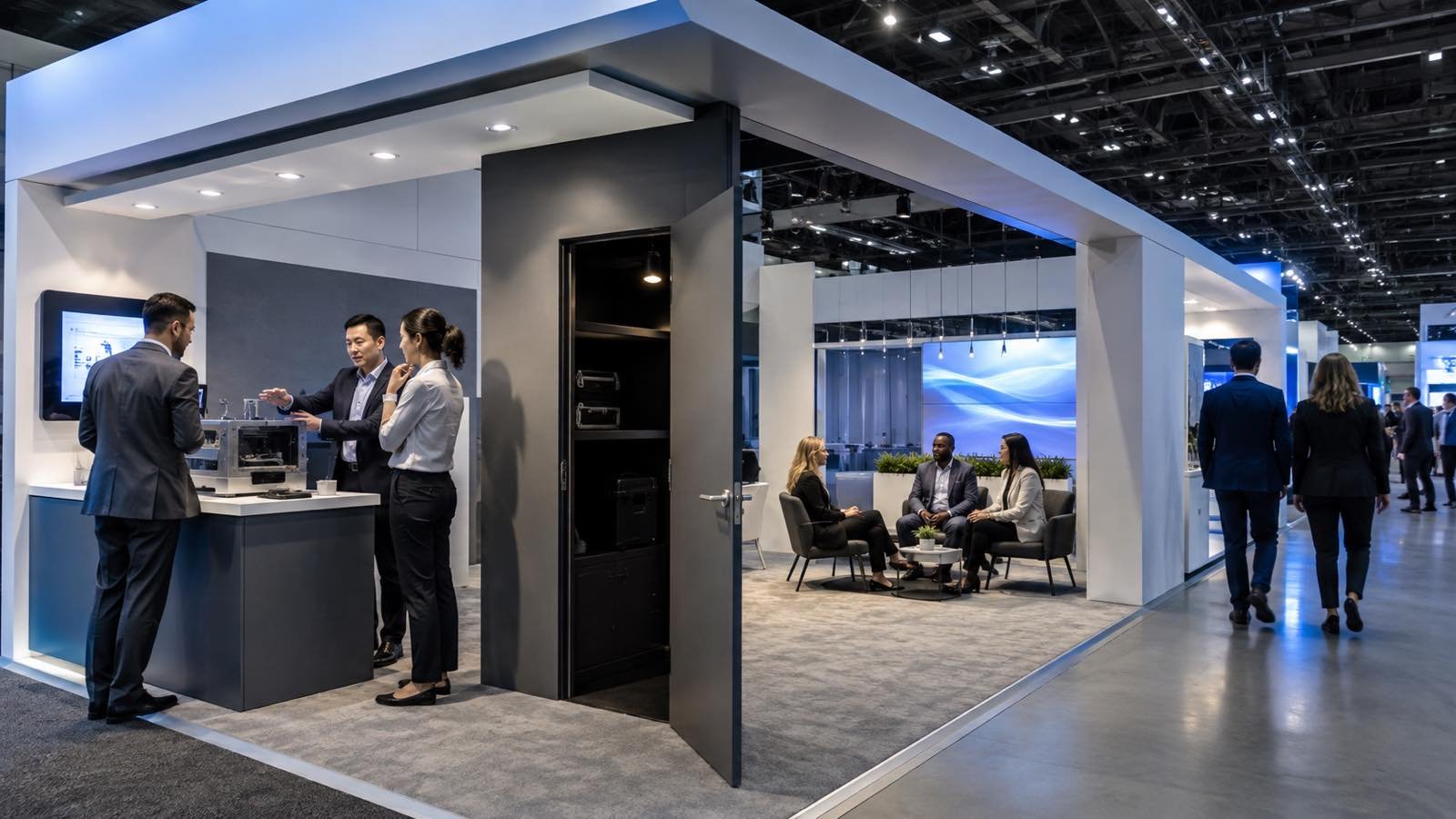 Trade show booth visitor workflow with product demonstration and meeting areas