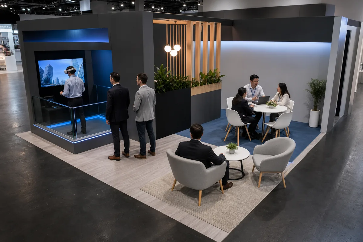 Trade show booth capacity review with a short queue interactive demonstration and meeting area