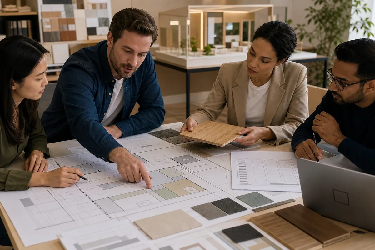 Trade show team reviewing booth scope floor plans materials and a project cost worksheet