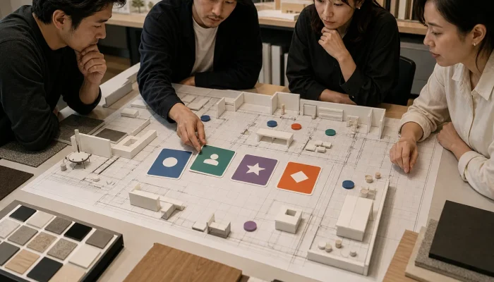 Trade show team defining objectives and measurement rules around a booth floor plan