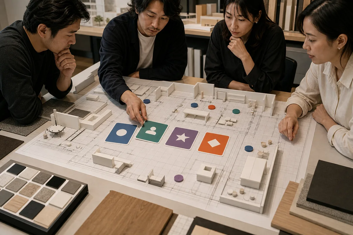 Trade show team defining objectives and measurement rules around a booth floor plan