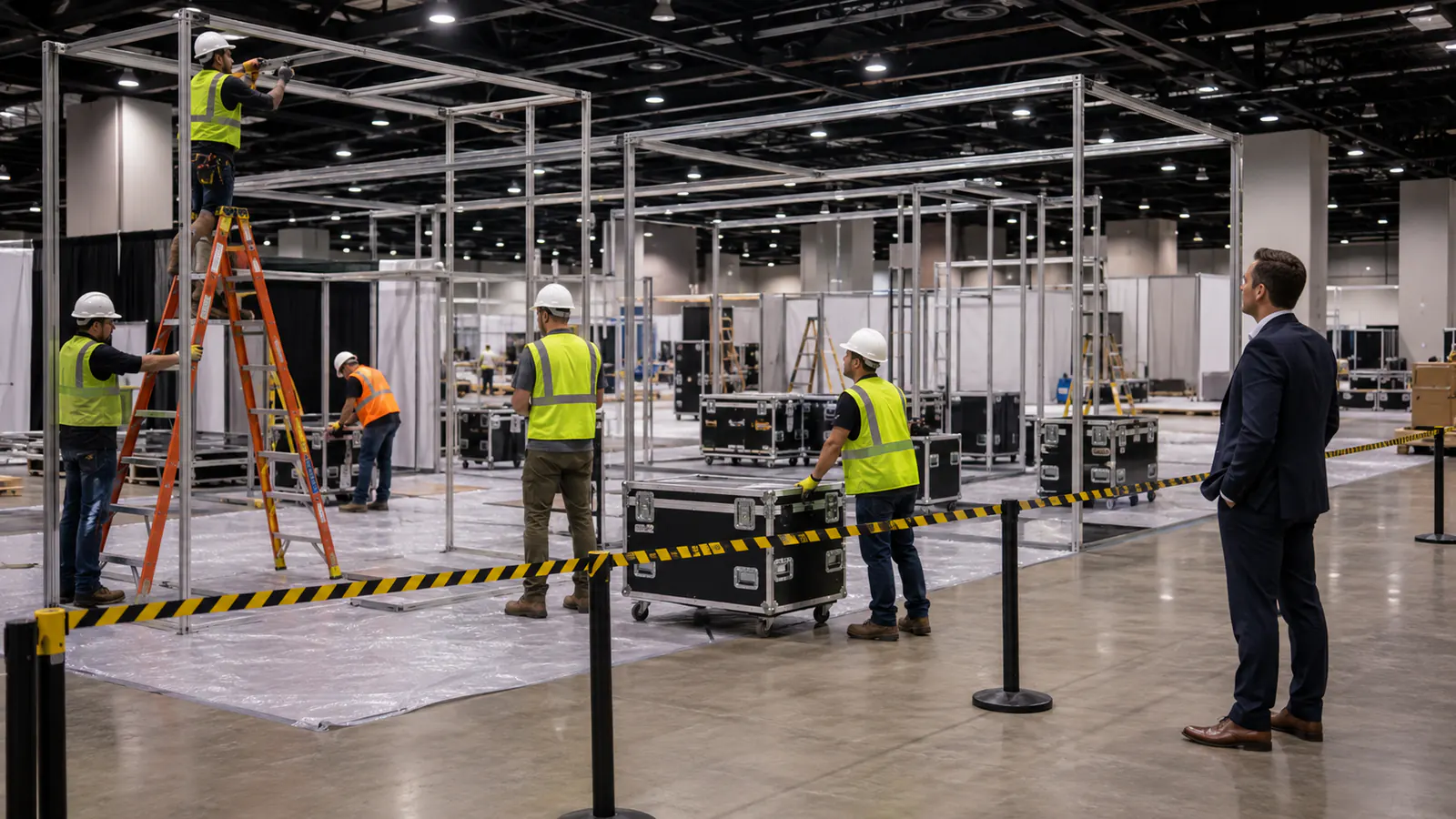 Trade show setup crew wearing required work-zone PPE during move-in