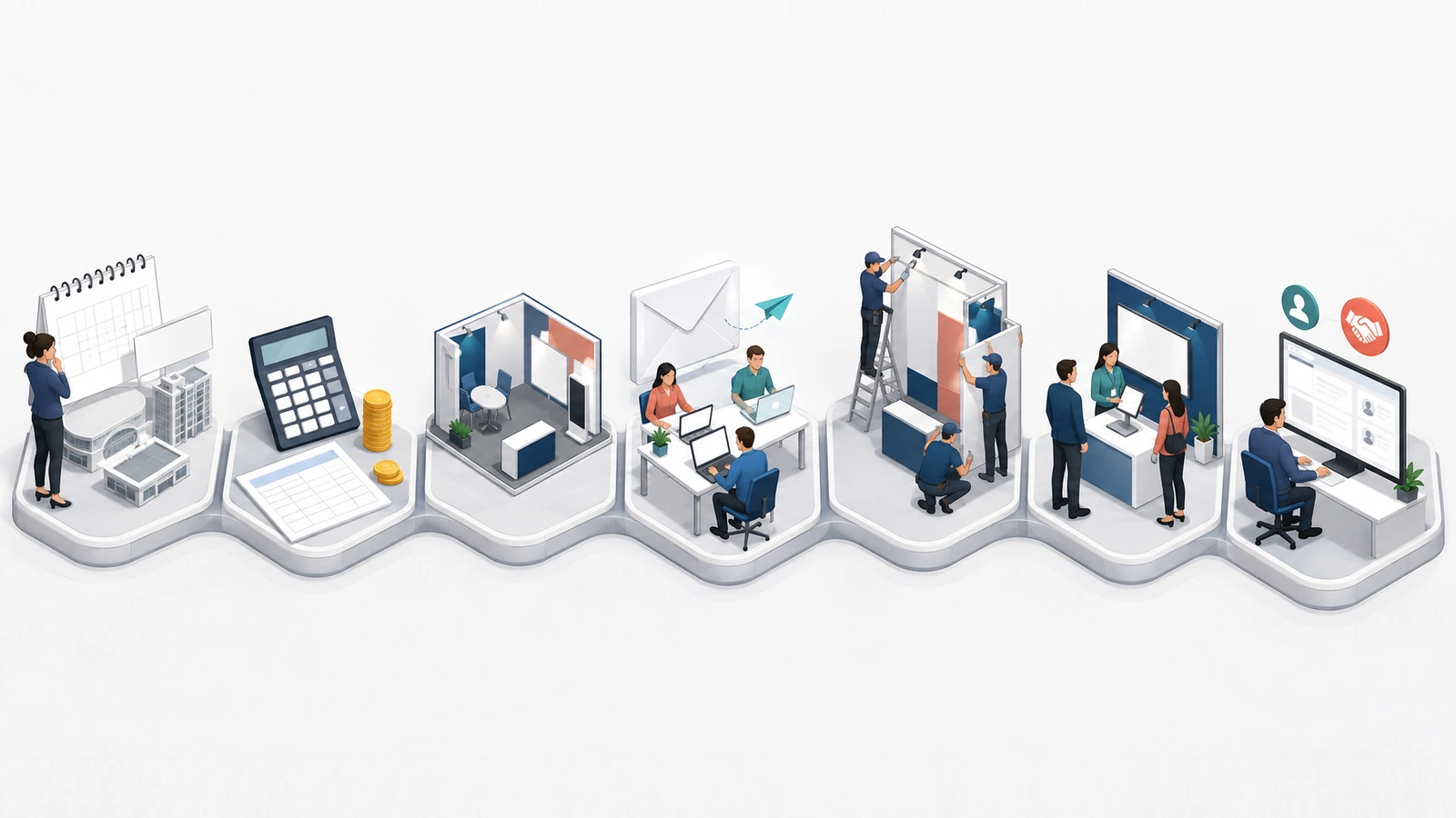 Seven-stage trade show success workflow from event selection and budgeting through follow-up