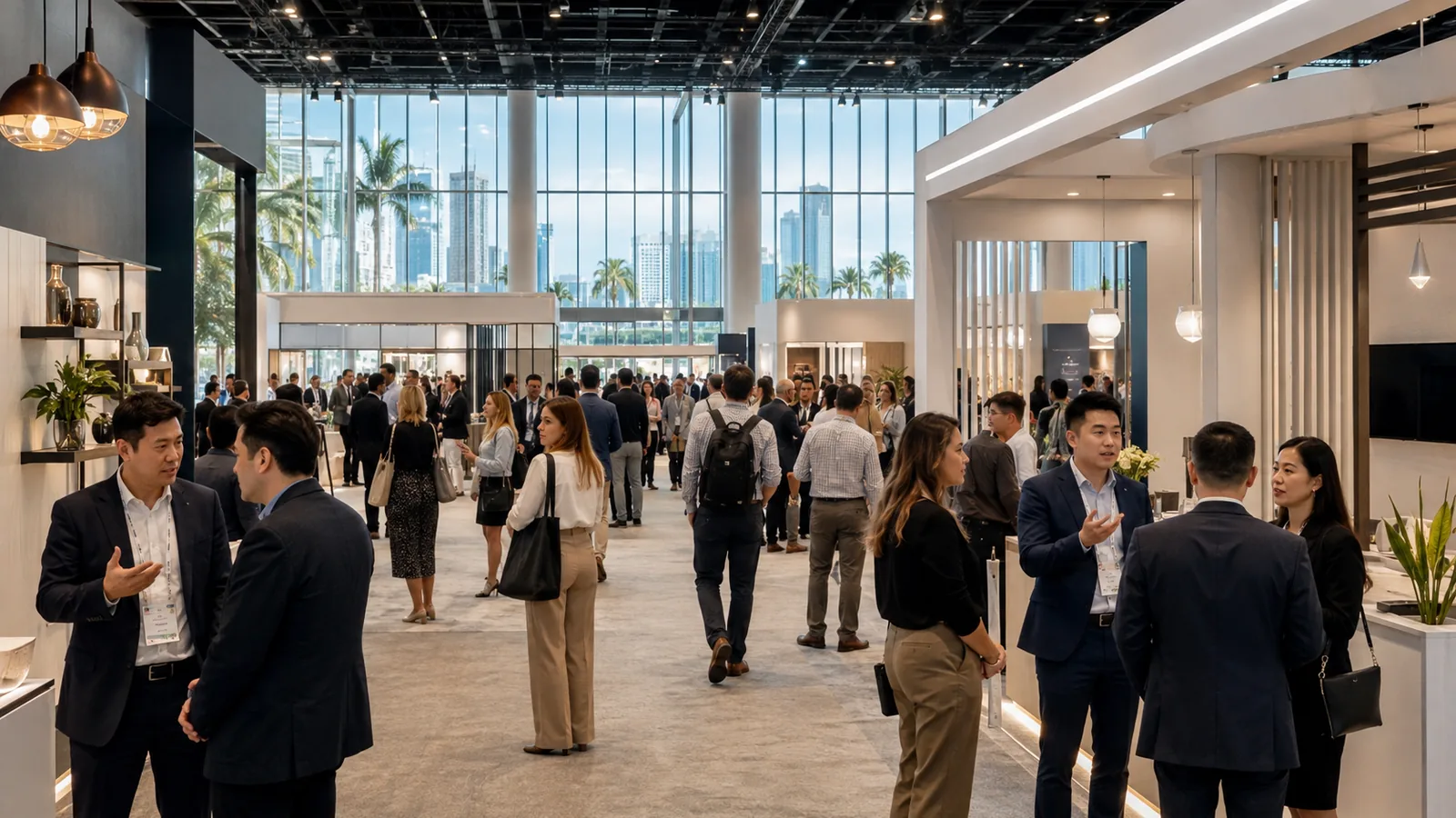 International exhibitors and visitors on a modern Miami trade show floor