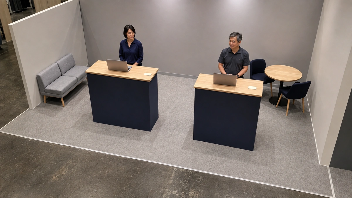 Illustrative two-station booth layout with an internal waiting bench and a separate discussion table.