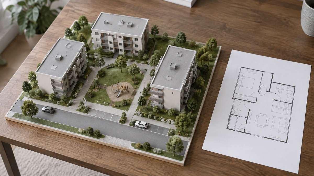 Residential scale model beside an apartment floor plan